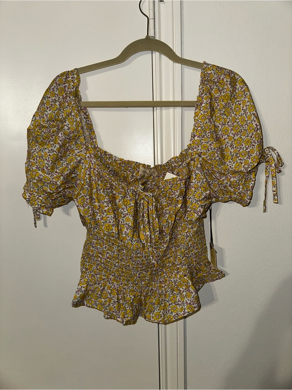Smocked Yellow Floral Puff-Sleeve Peplum Blouse